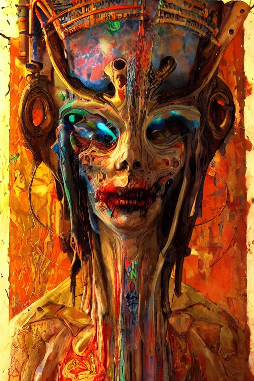 Image similar to scary, art by william rotsler and julie bell, trending on artstation, psychedelic lighting side view fresco, trending on artstation, industrialpunk portrait, hieroglyphics