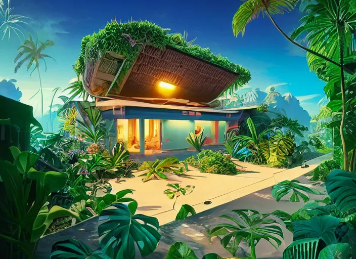 Image similar to a luminescent tropical cottage by paolo eleuteri serpieri and tomer hanuka and chesley bonestell and daniel merriam and tomokazu matsuyama, unreal engine, high resolution render, featured on artstation, octane, 8 k, highly intricate details, vivid colors, vector illustration