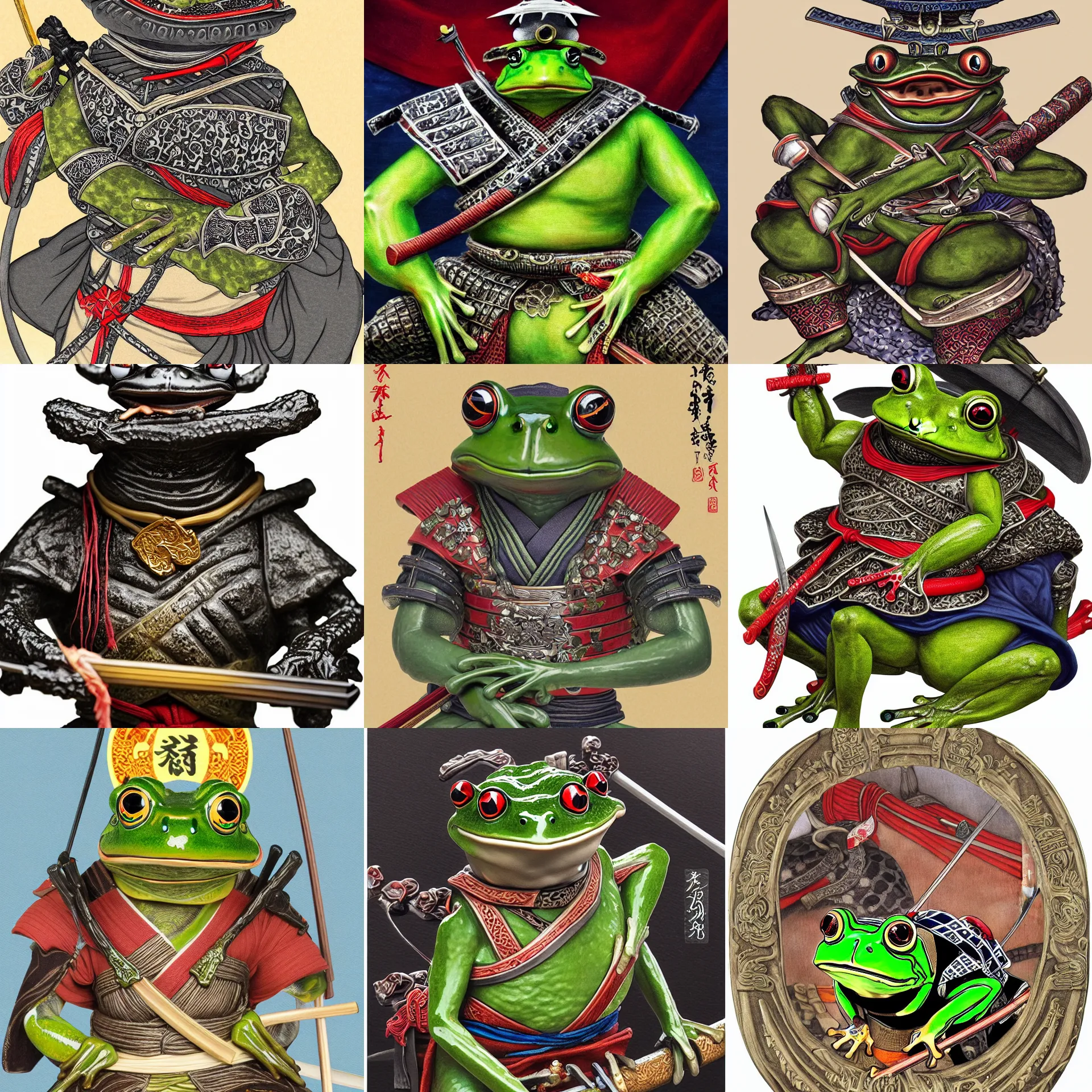 Prompt: a frog samurai on samurai council official portrait highly detailed, 4 k, hdr, smooth, sharp focus, high resolution, award - winning, illustrated by anne stokes, from sengoku period