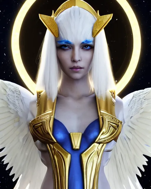 Image similar to perfect white haired egyptian goddess wearing white dove wings, warframe armor, regal, attractive, ornate, sultry, beautiful, charlize theron, half asian, pretty face, blue eyes, detailed, scifi platform, 4 k, ultra realistic, epic lighting, cinematic, masterpiece, art by akihito tsukushi, voidstar, trending on artstation