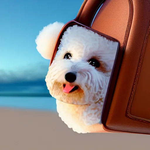 Image similar to a closeup photorealistic photograph of a smiling bichon frise peeking out of a Hermes handbag at the beach during sunset This 4K HD image is Trending on Artstation, featured on Behance, well-rendered, extra crisp, features intricate detail and the style of Unreal Engine.