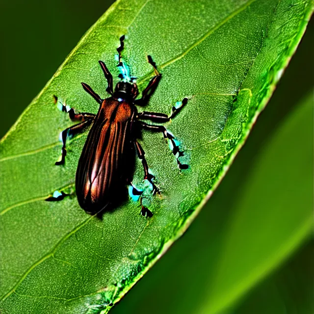 Prompt: a close up view of a bug on a leaf, a macro photograph, featured on cg society, macro lens, ultra detailed, macro photography, atmospheric lighting, intricate, volumetric lighting, beautiful, sharp focus, in the art style of marc simonetti, bowater charlie and brom gerald, astrophotography