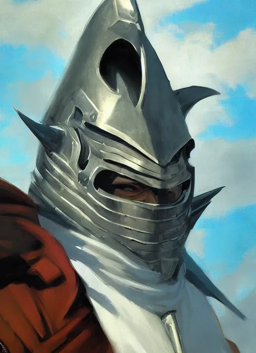 Image similar to greg manchess side portrait of a knight with the head of a shark with a light saber, organic painting, sunny day, matte painting, bold shapes, hard edges, street art, trending on artstation, by huang guangjian, gil elvgren, ruan jia, randy vargas, greg rutkowski