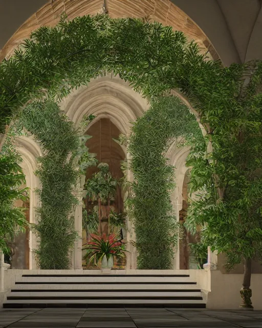 Image similar to cathedral interior with koi pond in the middle surrounded by palm trees, ivy, flowers, tropical plants, roses, and with archways. rendered in octane render with photorealistic lighting