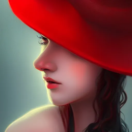 Prompt: a red hat, artstation, Grim fantasy,emotional, EOS R5, f/2.5 , illustration , concept art, award winning photograph, 8k, Alphonse Mucha style,