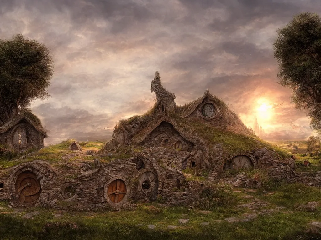 Image similar to Hobbiton in ruins, evening, detailed matte painting, cinematic, Alan Lee, Artstation