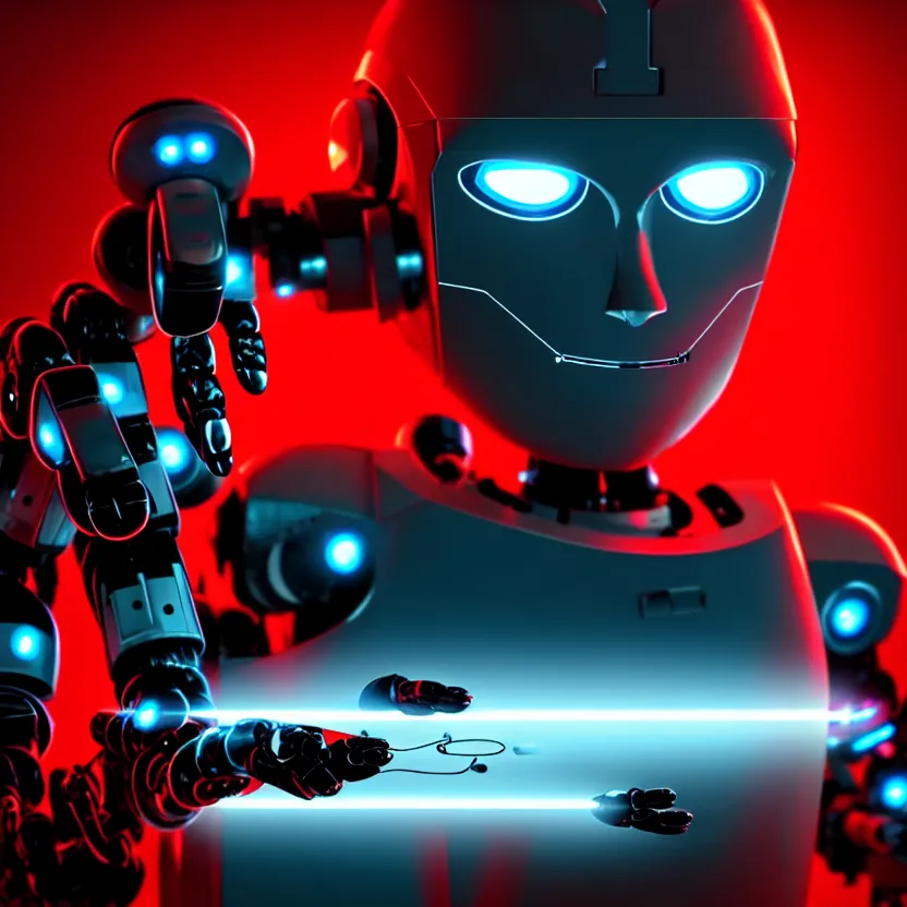 Image similar to a film shot of a robot playing video games, cool, red, photo, realistic, hd, intricate details, cyberpunk, dark, horror, award - winning cinematic lighting, 3 5 mm