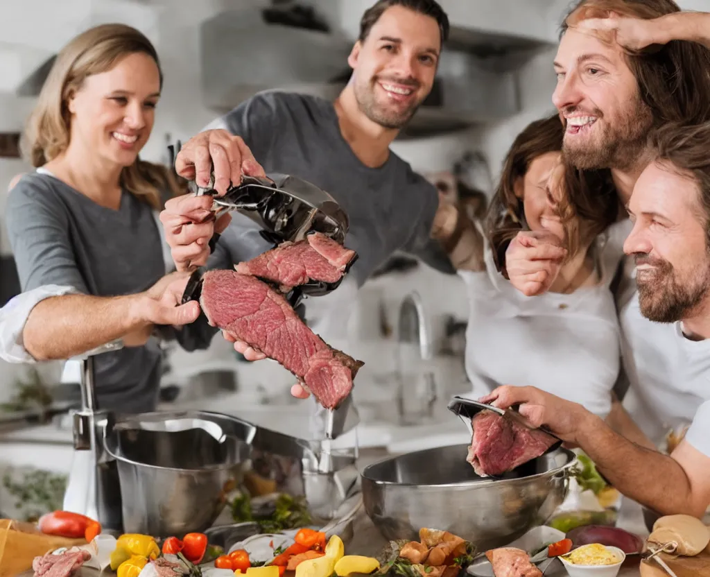 Image similar to first person point of view of a couple holding a meat grinder in front of kitchen sink, 8k