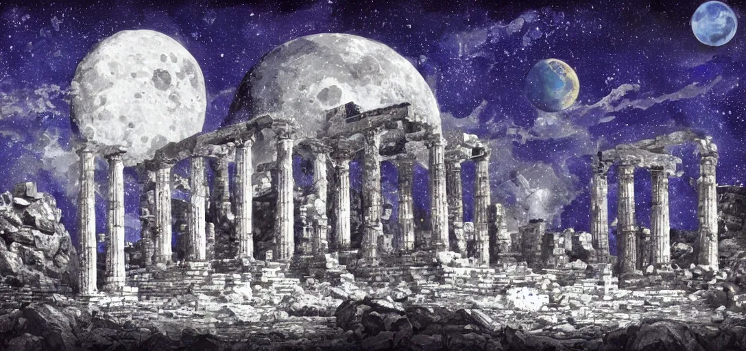 Image similar to The ruins of the Silver Millennium on the moon from Sailor Moon, digital painting, planet Earth in the distance, Greek-esque columns and ruins, black sky