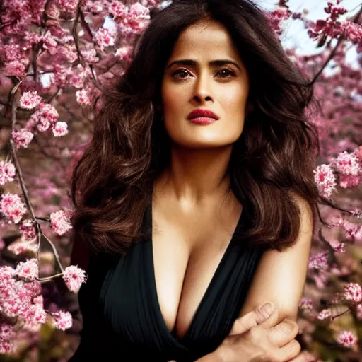 Prompt: salma hayek portrait picture by stefan kostic, golden hour, perfect symmetry, realistic, body shot, sharp focus, 8 k high definition, insanely detailed, intricate, elegant, cherry blossoms