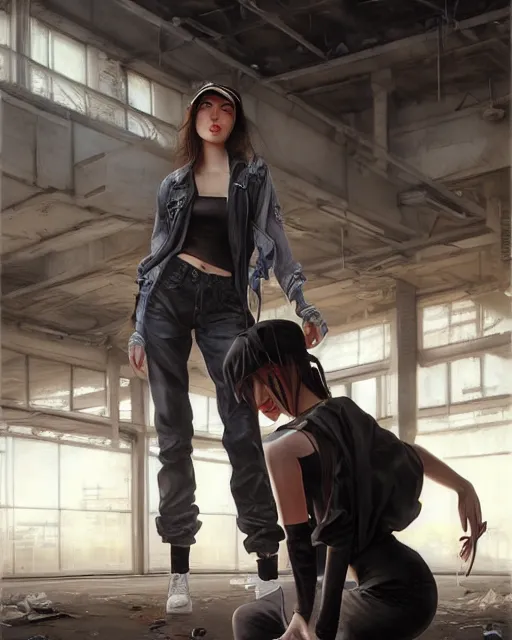 Image similar to daniel gerhartz and artgerm portrait digital realist painting of a beautiful woman wearing streetwear clothing, abandoned warehouse interior in the background, unreal engine, hyper realism, realistic shading, cinematic composition, realistic render, octane render, detailed textures, photorealistic, ultrawide shot, 3 5 mm film