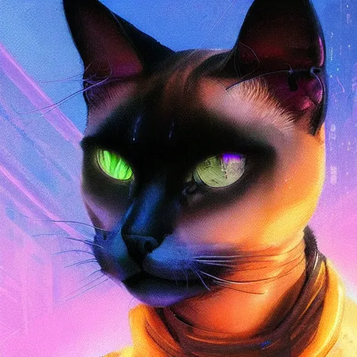 Prompt: detailed portrait of a siamese cat, synthwave, retrowave, cyberpunk, illustration by Jordan Grimmer and Greg Rutkowski, trending on Artstation
