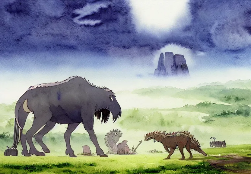 Image similar to a hyperrealist watercolor concept art from a studio ghibli film showing a giant grey mechanized prehistoric wildebeest from howl's moving castle ( 2 0 0 4 ). stonehenge is under construction in the background, in the rainforest on a misty and starry night. by studio ghibli. very dull muted colors
