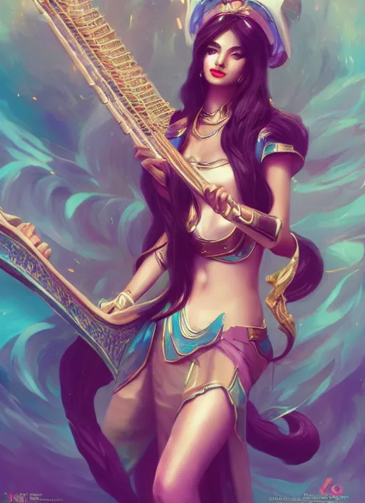 Image similar to sona, from league of legends, with an harp, hyper detailed, digital art, trending in artstation, cinematic lighting, studio quality, smooth render, unreal engine 5 rendered, octane rendered, art style by klimt and nixeu and ian sprigger and wlop and krenz cushart