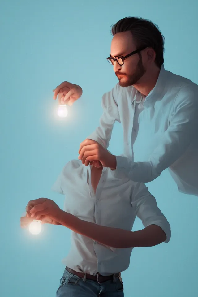 Prompt: a portrait of a man who has a light bulb instead of a head, photorealistic, detailed, in the background a cyan wall , octane render, hyper realistic