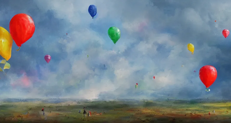 Prompt: House being lifted by hundreds of balloons in the sky, stormy weather, painted landscape, artstation