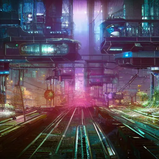 Prompt: lost beautiful overgrown city futuristic fantasy mixed with polluted industrial city transport hub, dimmed lights chaos 4 k - 4