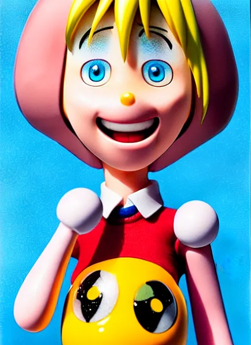 Image similar to a hyperrealistic oil panting of a looney kawaii vocaloid figurine caricature with a big dumb goofy grin, rosy cheeks with freckles, and pretty sparkling anime eyes featured on wallace and gromit by norman rockwell