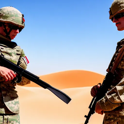 Prompt: two soldiers are combing the desert using a large comb, high definition, beautiful award winning photography, 8 k.