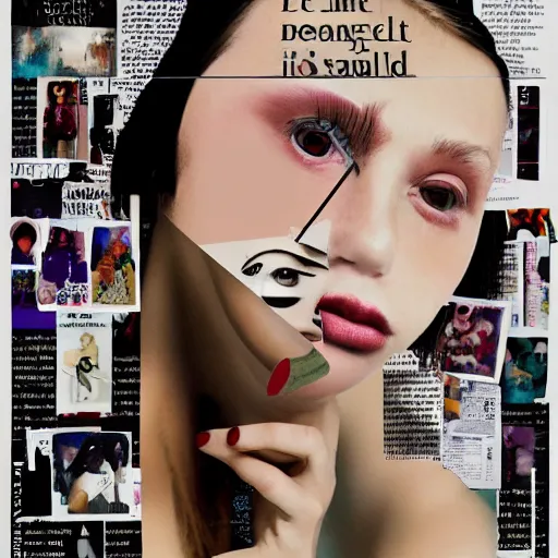 Image similar to a beautiful aesthetic!!! collage! portrait of a depressed girl, made in a magazine clipping collage style, clippings of a fashion magazine, made by a depressed art student