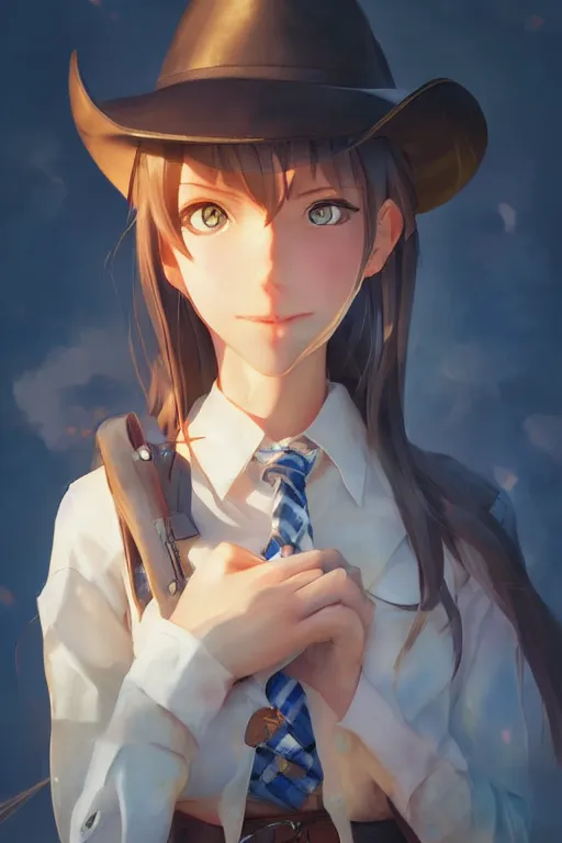 Prompt: a very cute cowgirl with cat ears, single subject, medium shot, ambient lighting, visible and detailed face, by makoto shinkai, stanley artgerm lau, wlop, rossdraws