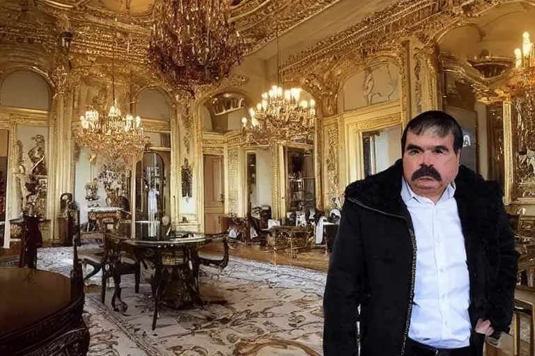 Image similar to el chapo standing in the middle of a grandiose mexican mansion. everything is made out of gold. el chapo is sipping on wine. the mansion is incredible and ornate. chapo has a clockwork chain. there are princesses and queens everywhere around him, lovely scene