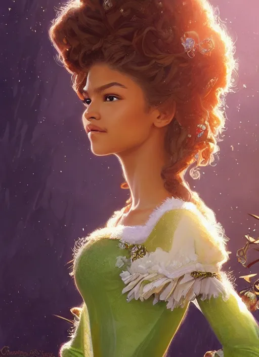 Image similar to beautiful young zendaya as tiana princess, closeup, d & d, fantasy, intricate, elegant, highly detailed, digital painting, artstation, concept art, matte, sharp focus, illustration, art by artgerm and greg rutkowski and alphonse mucha