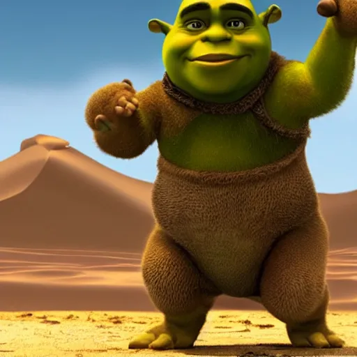 Image similar to shrek from dreamworks animation, dressed as australian, fighting a kangaroo in the desert, animation of national geographic