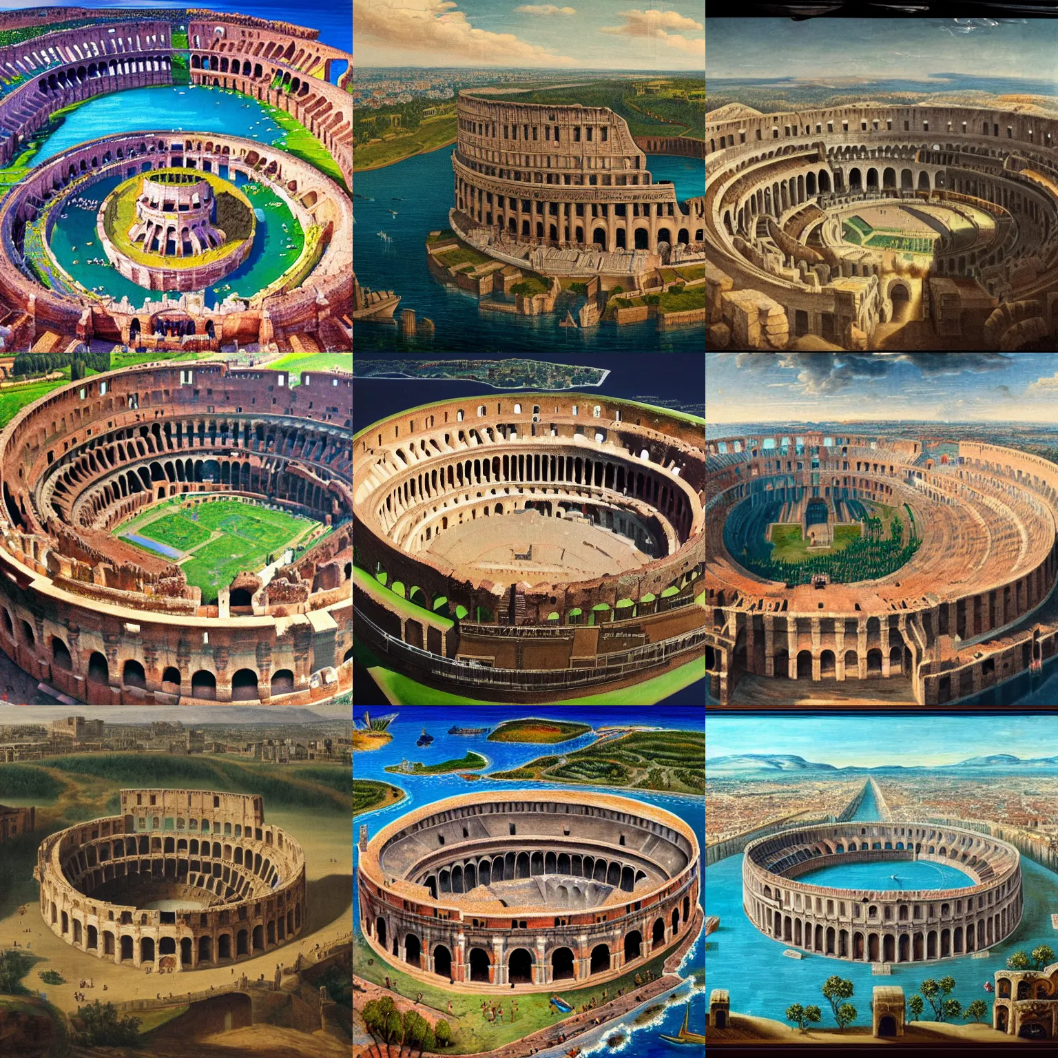 Prompt: a colosseum like arena with it's central part surrounded with water, view from the sky, detailed painting, 8 k,