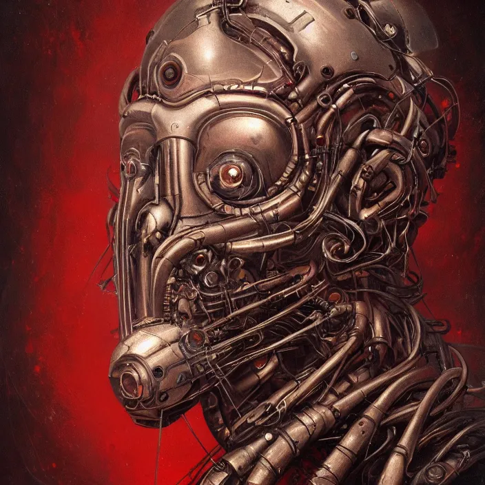 Image similar to in the art style of H.R. Giger,a portrait of a ruby Ultron from Age of Ultron, clockwork steampunk, isometric art style, head and chest only, by Beksinski, 4k, deviantart, trending on artstation