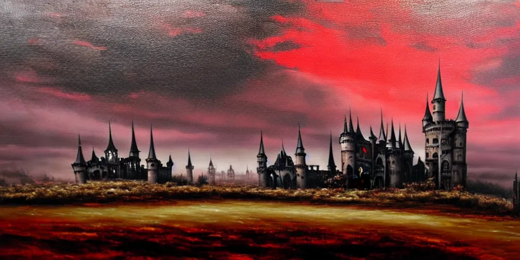 Image similar to a beautiful and gothic castle in the distance. Red sky. Dark ambient. Gothicpunk. Detailed oil on canvas. Art in style of Frances Ann Hopkins. High definition