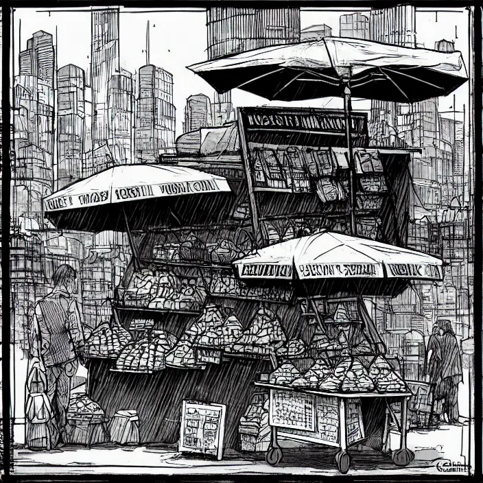 Image similar to close view of a tiny market stall. folded umbrellas for sale on the stall. set in a square. background of an old soviet monument. storyboard, scifi cyberpunk. by gabriel hardman, joe alves, chris bonura. cinematic atmosphere, detailed and intricate, perfect anatomy