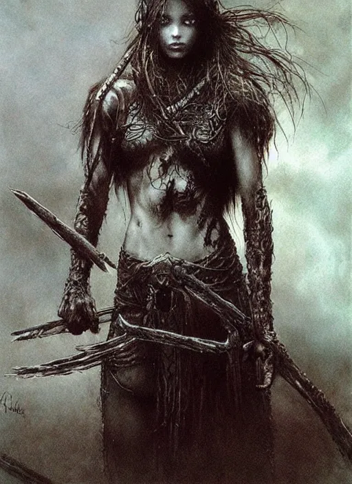 Image similar to bald barbarian teen girl by Luis Royo and Beksinski