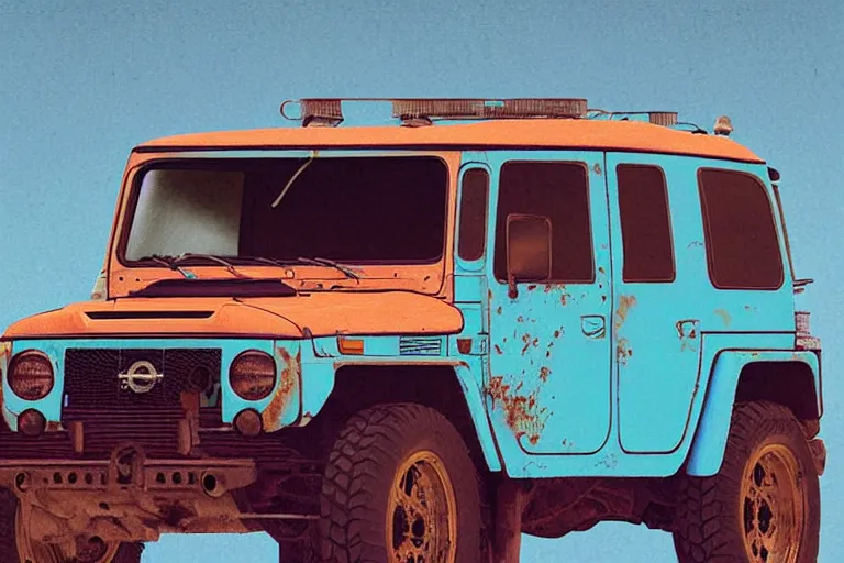 Image similar to digital illustration of a faded cyan mad max's fj 4 0 decrepit!!!! pursuit special, rusty!!! nissan fj cruiser heavily modded 1 9 9 0 s, the last v 8 interceptor by makoto shinkai, ilya kuvshinov, lois van baarle, rossdraws, basquiat