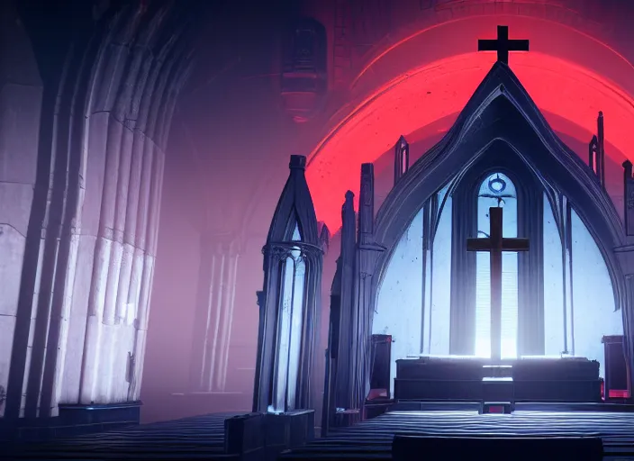 Image similar to symmetry!! centered!! ancient church of worship with red shafts of light in destiny 2, foggy, liminal, dark, dystopian, beautiful architecture, abandoned, highly detailed 4 k 6 0 fps destiny 2 promotional poster image wallpaper expansion