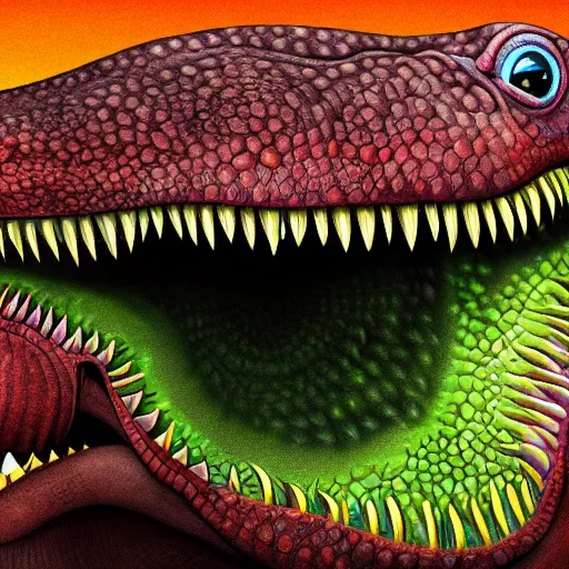 Image similar to a detailed digital art painting of a trex dinosaur smiling teeth way too many eyes large detailed eye