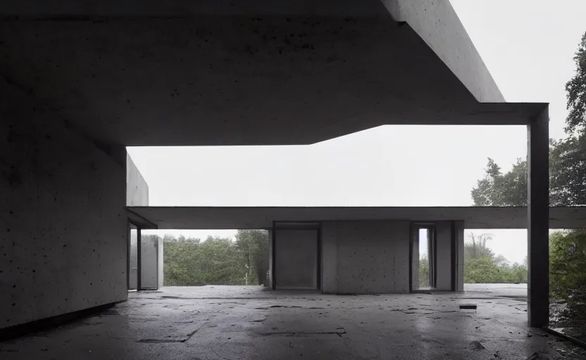 Prompt: An Exterior wide angle shot of a cyberpunk brutalist architecture House with warmly lit windows by Peter zumthor and James Turrell, Greg Rutkowski and Craig Mullins , Dark atmospheric sad and cinematic lighting, Trending on artstation, Archviz, Archdaily, Deezen, Design milk, Architectural visualisation