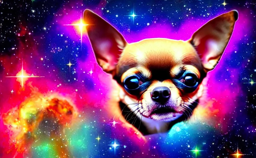 Prompt: Cosmic Chihuahua, colossal cute dog swimming the colorful nebulae, canine galaxy, dog star.