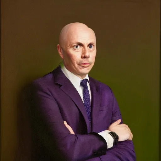 Image similar to augustus aloysius corporate portrait, senior sales marketing acquisitions ceo executive vp, purple green color scheme, professional studio lighting, hyperreal detailed lifelike facial features, corporate portraiture photographed by andreas gursky