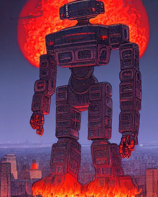 Image similar to giant robot with ominously glowing red eyes stands on top of city that is on fire, concept art, intricate details, highly detailed, in the style of rodger dean, moebius, michael whelan, pascal blanche