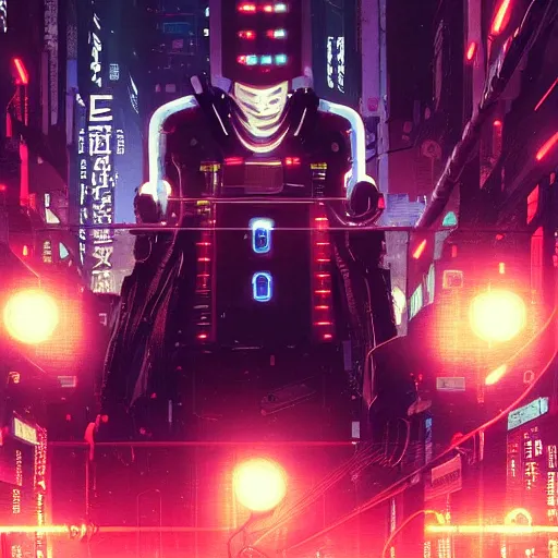 Image similar to a japanese cyberpunk android hacker, finely detailed features, cyborg robot parts with glowing lights!, dramatic cinematic, night, at cyberpunk city, ghost in the shell, akira, noir, painted by greg rutkowski makoto shinkai takashi takeuchi craig mullins, alphonse mucha, studio ghibli, pixiv