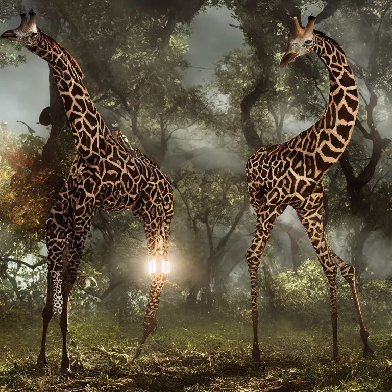 Image similar to a bird giraffe with long spiked wings, jaguar legs and a latex costume , cinematic lighting, photorealistic image, 8k, ultra detailed, high resolution,