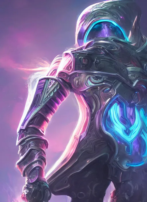 Image similar to a highly detailed illustration of futuristic cyber knight with flowing flaming plume with arm blades, rigid bulky armor, glowing purple line cracks in armor, dramatic standing pose, intricate, elegant, highly detailed, centered, digital painting, artstation, concept art, smooth, sharp focus, league of legends concept art, WLOP