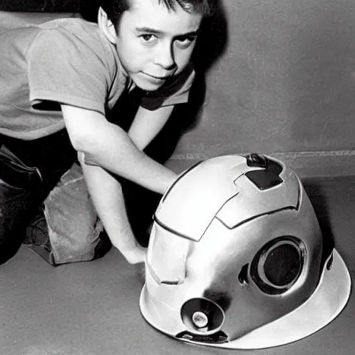 Prompt: photo of young robert downey jr putting in a brown cardboard fake ironman costume, helmet off