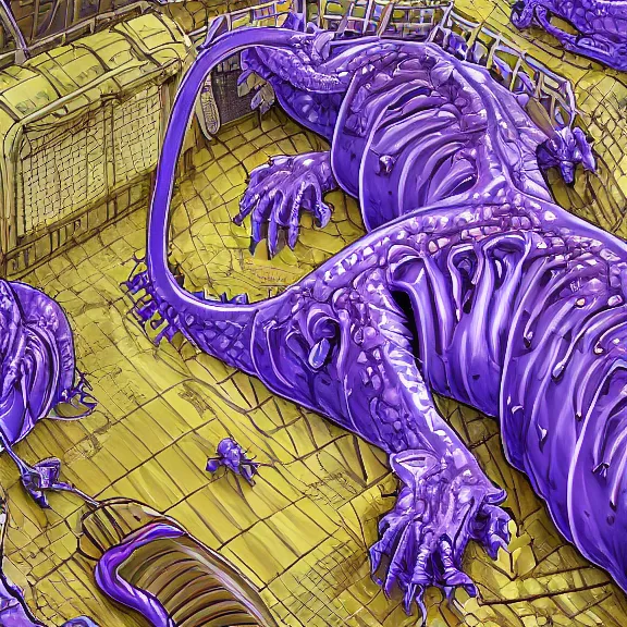 Image similar to detailed shot of inside a cavernous living stomach of a giant mecha dragon, the walls purple and pulsing, slimy and hot, lots of acid pooling up on the floor, digesting humans that ended up inside, swallowed by the dragon, food pov, micro pov, vore, digital art, furry art, high quality, 8k 3D realistic, macro art, micro art, Furaffinity, Deviantart, Eka's Portal, G6