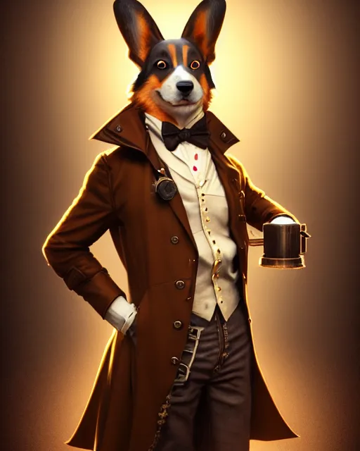 Prompt: steampunk corgi portrait, handsome, steampunk hat, detective coat, steampunk monocle, complex 3 d render by ilya kuvshinov, peter mohrbacher, greg rutkowski, ryohei hase, dramatic lighting, intricate, highly detailed, sharp focus, luminous, unreal engine, blender, artstation, masterpiece, ray tracing