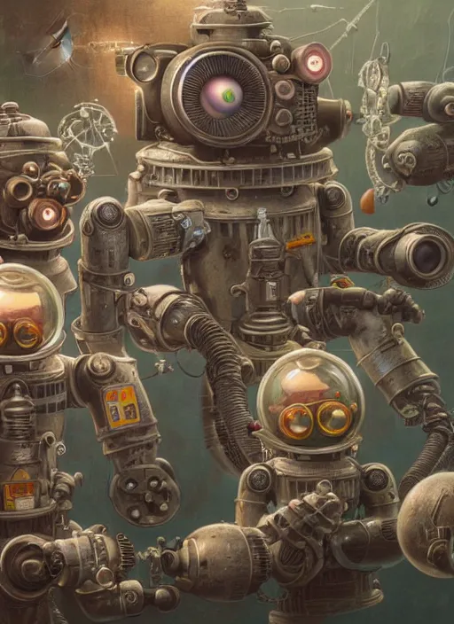 Prompt: highly detailed closeup, group portrait of a retro robots deep sea diving, unreal engine, nicoletta ceccoli, mark ryden, earl norem, lostfish, global illumination, detailed and intricate environment