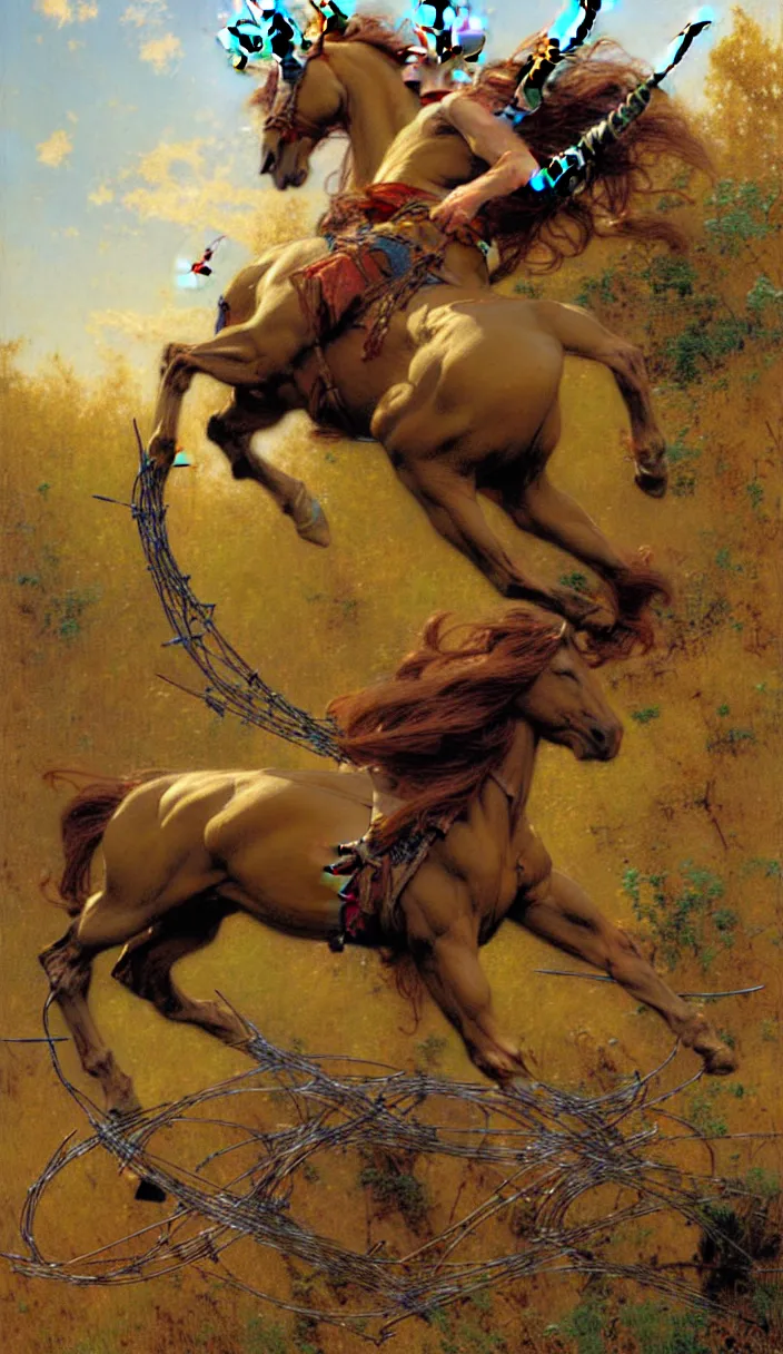 Prompt: unicorn breaking through barbed wire, highly detailed painting by gaston bussiere and j. c. leyendecker and craig mullins