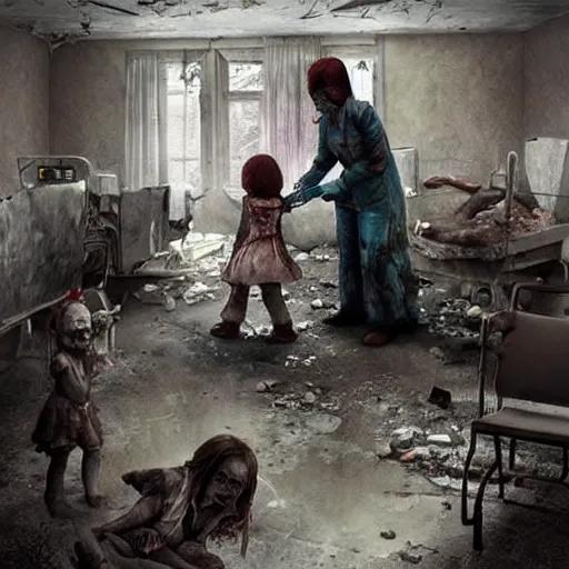 Prompt: “ sensual nurse treating zombie childs in a destroyed hospital, fantasy, artwork ”