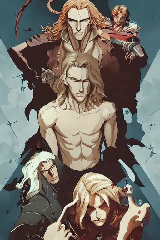 Prompt: Castlevania artwork by Patryk Hardziej, Tomer Hanuka, beautiful androgynous men with long blond hair